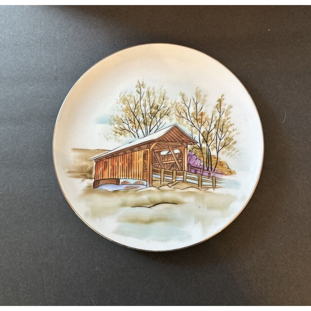 Norcrest Plate VNTG Hand Painted Plate Covered Bridge Winter Scene 8.25"/ P-737